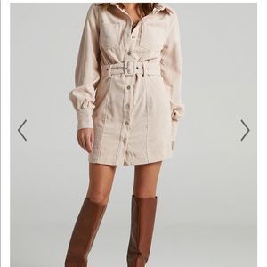Showpo Lida mini long sleeve belted corduroy dress in cream
